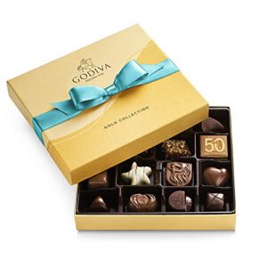 godiva chocolatier assorted chocolate gift box – assorted dark, milk, white, raspberry, caramel, and chocolate- blue ribbon classic gold box – 19 pieces