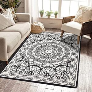 linromia boho rug 3′ x 5′, persian floral area rug soft faux wool bedroom rug bohemian washable accent rug mat indoor outdoor non-slip throw carpet for living room dining black snd white