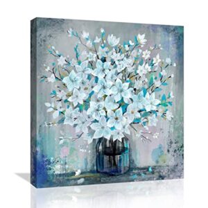canvas wall art for living room bedroom bathroom framed paintings modern farmhouse blue flower wall decor picture artwork for home prints size 14×14