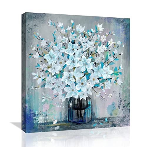 Canvas Wall Art for Living Room Bedroom Bathroom Framed Paintings Modern Farmhouse Blue Flower Wall Decor Picture Artwork for Home Prints Size 14x14