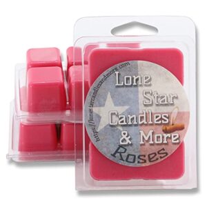 rose scented premium lone star candles & more’s hand poured soy wax melts, the authentic scent of fresh cut roses, 18 strongly scented wax cubes, usa made in texas 3-pack