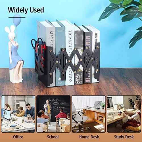 Adjustable Bookends - Metal Book End Holder with Removable Pen Holder Pocket for Office, School, Desktop Files Organizer / Book Shelf, Expandable Book Binder Holder