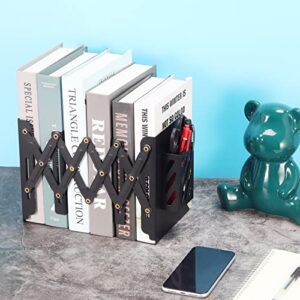 Adjustable Bookends - Metal Book End Holder with Removable Pen Holder Pocket for Office, School, Desktop Files Organizer / Book Shelf, Expandable Book Binder Holder