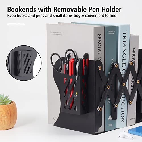 Adjustable Bookends - Metal Book End Holder with Removable Pen Holder Pocket for Office, School, Desktop Files Organizer / Book Shelf, Expandable Book Binder Holder
