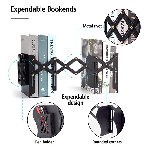 Adjustable Bookends - Metal Book End Holder with Removable Pen Holder Pocket for Office, School, Desktop Files Organizer / Book Shelf, Expandable Book Binder Holder