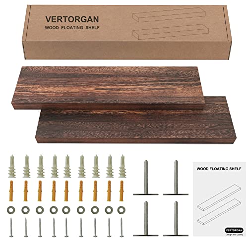 VERTORGAN Floating Shelves, Wood Wall Shelves, Rustic Wall Mounted Floating Shelf with Large Storage for Bedroom Living Room Bathroom Kitchen Office (Set of 2, Brown, 23.6 Inch)
