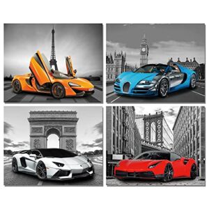 zsjcyGG Car Themed Wall Art,Car Posters for Boys Room,Canvas Car Art Print Set of 4 Unframed (10x8in)-Black and White Car Pictures for room Decor