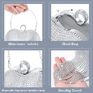 9 Pieces Women Rhinestone Crystal Jewelry Set Crystal Evening Clutch Purse Rhinestone Tassel Choker Necklace Glitter Dangle Fringe Earrings Bracelet Ring for Women Wedding Bridal Party (Heart Style)