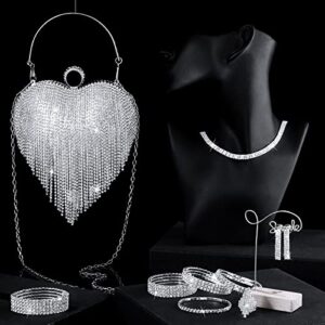 9 Pieces Women Rhinestone Crystal Jewelry Set Crystal Evening Clutch Purse Rhinestone Tassel Choker Necklace Glitter Dangle Fringe Earrings Bracelet Ring for Women Wedding Bridal Party (Heart Style)