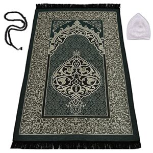 deluxerugs muslim prayer rug, islamic turkish prayer rugs, prayer mats for women and men, praying rugs islam, great ramadan gifts for muslims (dark green)