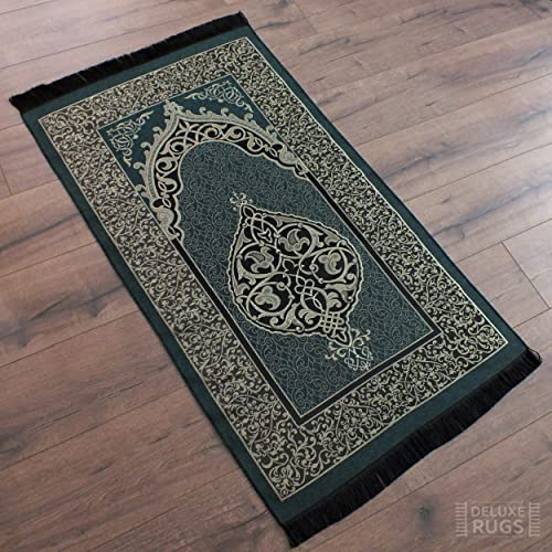 DELUXERUGS Muslim Prayer Rug, Islamic Turkish Prayer Rugs, Prayer Mats for Women and Men, Praying Rugs Islam, Great Ramadan Gifts for Muslims (Dark Green)