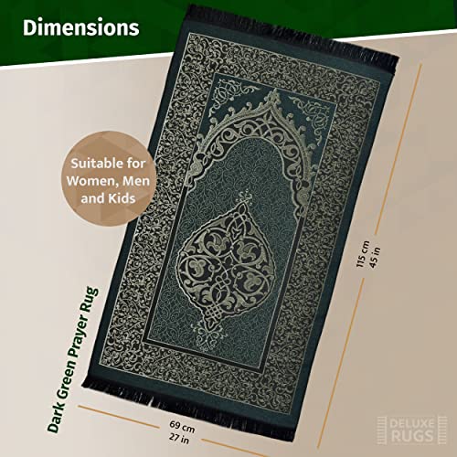 DELUXERUGS Muslim Prayer Rug, Islamic Turkish Prayer Rugs, Prayer Mats for Women and Men, Praying Rugs Islam, Great Ramadan Gifts for Muslims (Dark Green)