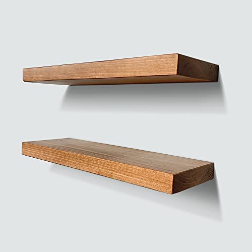 URBANDI, Rustic Floating Shelves, Set of 2, Hidden Bracket, Solid Wood, Heavy Duty, Wall Mounted Shelves, (Brown, 48Wx12D)