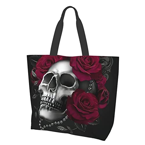 Gothic Rose Skull Shoulder Tote Bag Purse Top Handle Satchel Handbag For Women Work School Travel Business Shopping Casual