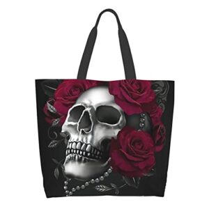 Gothic Rose Skull Shoulder Tote Bag Purse Top Handle Satchel Handbag For Women Work School Travel Business Shopping Casual