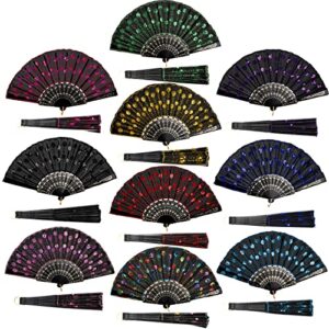 zeayea 10 pcs hand folding fan, embroidered peacock folding handheld fan, 10 colors decorative folding fans for party wedding dancing performance decoration