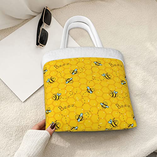 Ladies Women New Holiday Gift Fluffy Shoulder Bag Honey Bee Yellow Tote bags Purse Plush Handbag for Autumn and Winter