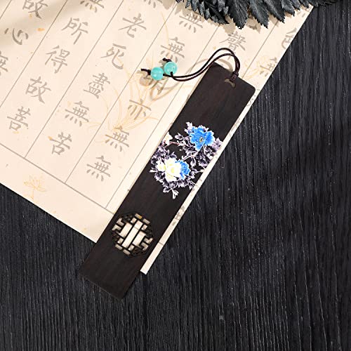 Melyaxu Handmade Natural Color Wooden Bookmark with Tassel - Peony Flower