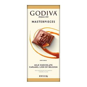 godiva chocolatier milk chocolate caramel lion masterpieces tablet, chocolate treats, chocolate candy bar, gourmet chocolate, 3 oz
