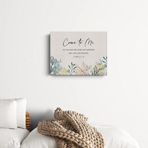 Bible Verse Watercolor Canvas Print Decor Come to Me All You Who Matthew 11 : 28 Wall Painting Posters Artwork 12”X15” Modern Home Decoration (Framed)