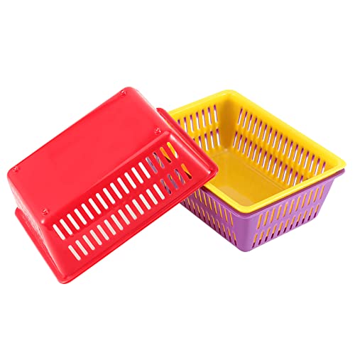 JAPCHET 24 Pack 6.1 x 4.5 x 2.4 Inches Classroom Storage Baskets, Small Plastic Baskets for Organizing 3 Assorted Color, Colorful Storage Tray Organizer for Office and School Supplies