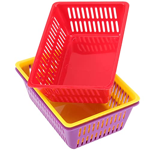JAPCHET 24 Pack 6.1 x 4.5 x 2.4 Inches Classroom Storage Baskets, Small Plastic Baskets for Organizing 3 Assorted Color, Colorful Storage Tray Organizer for Office and School Supplies