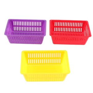 JAPCHET 24 Pack 6.1 x 4.5 x 2.4 Inches Classroom Storage Baskets, Small Plastic Baskets for Organizing 3 Assorted Color, Colorful Storage Tray Organizer for Office and School Supplies