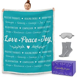 simoras positive words blanket with sleep mask, socks and gift box – ‘love peace joy’ comfort blanket gift set for christmas, birthday – positive energy throw blankets for women – teal 60″ x 50″