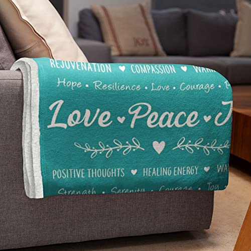 SIMORAS Positive Words Blanket with Sleep Mask, Socks and Gift Box - 'Love Peace Joy' Comfort Blanket Gift Set for Christmas, Birthday - Positive Energy Throw Blankets for Women - Teal 60" x 50"