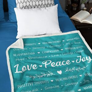 SIMORAS Positive Words Blanket with Sleep Mask, Socks and Gift Box - 'Love Peace Joy' Comfort Blanket Gift Set for Christmas, Birthday - Positive Energy Throw Blankets for Women - Teal 60" x 50"