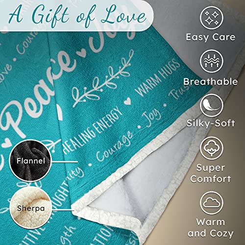 SIMORAS Positive Words Blanket with Sleep Mask, Socks and Gift Box - 'Love Peace Joy' Comfort Blanket Gift Set for Christmas, Birthday - Positive Energy Throw Blankets for Women - Teal 60" x 50"