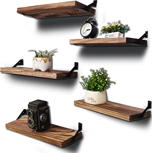 IKJZIZP Rustic Floating Shelves for Wall Decor Wood Wall Shelves for Bedroom Living Room Set of 5 Carbonized Black