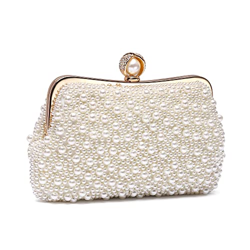 Mulian LilY M810 Womens Clutch Evening Bags Full Beaded Artificial Pearls Handbag for Wedding Bridal Parites Prom Ivory