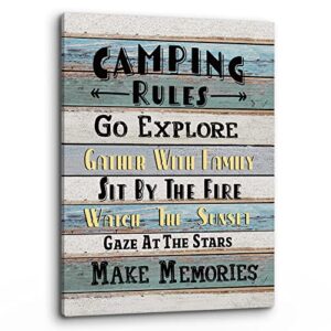 phamte funny camping rules quote wall art, farmhouse rustic camping rules camper signs print framed canvas painting artwork rv home room decor (11×14 inch)