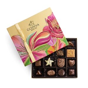 godiva chocolatier gourmet chocolate gift box – assorted dark, milk, white, raspberry, caramel, and chocolate – elegant spring floral box – 19 pieces