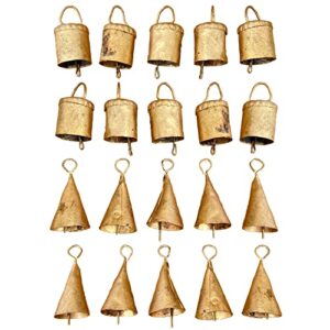 vivanta 20 pcs small mini gold rustic vintage iron tin metal christmas ornaments jingle bells for crafts, tiny cow bells for hanging chimes, creative indian handmade art bells, cone and cylinder bells
