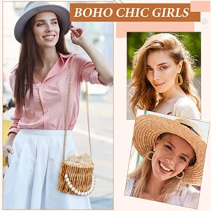 9 Pcs Women's Pearl Straw Bags Rattan Earrings Summer Beach Handbags Woven Wicker Bucket Tote Bag Straw Wicker Braid Hoop Drop Dangle Bohemian Earrings