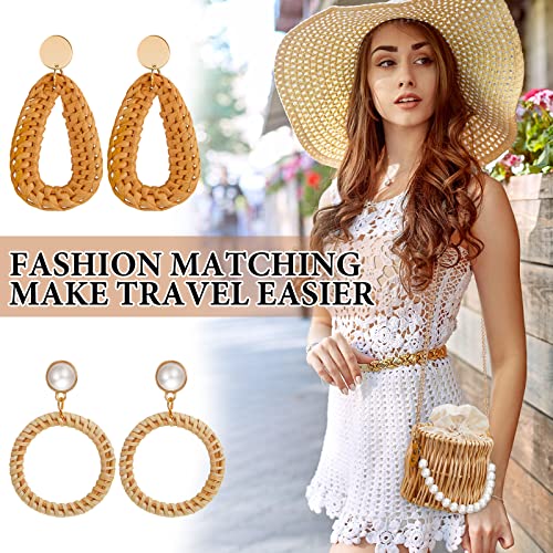 9 Pcs Women's Pearl Straw Bags Rattan Earrings Summer Beach Handbags Woven Wicker Bucket Tote Bag Straw Wicker Braid Hoop Drop Dangle Bohemian Earrings