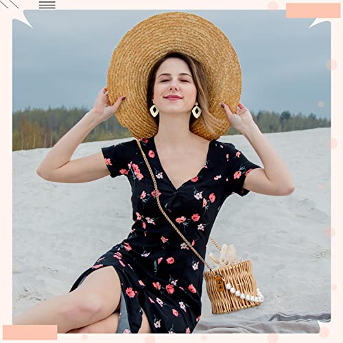 9 Pcs Women's Pearl Straw Bags Rattan Earrings Summer Beach Handbags Woven Wicker Bucket Tote Bag Straw Wicker Braid Hoop Drop Dangle Bohemian Earrings