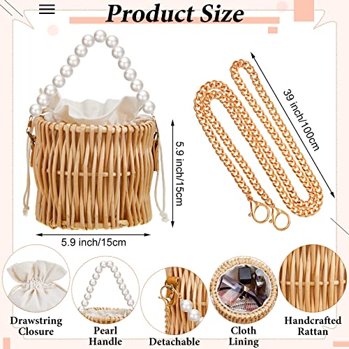 9 Pcs Women's Pearl Straw Bags Rattan Earrings Summer Beach Handbags Woven Wicker Bucket Tote Bag Straw Wicker Braid Hoop Drop Dangle Bohemian Earrings