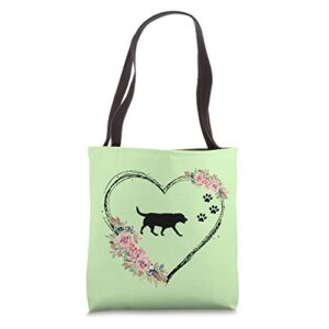 black lab with paw prints and flowers on green tote bag