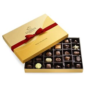 godiva chocolatier holiday gift box with red ribbon – 36 piece assorted milk, white and dark chocolate with gourmet fillings – special gold ballotin gift for chocolate lovers