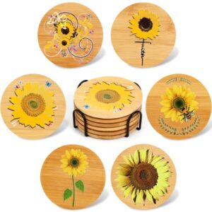 beautiful 3d sunflower coasters set of 6 with holder, bamboo wooden sunflower drinks vintage coaster for table, housewarming wedding birthday mom women sunflower kitchen decor gifts idea