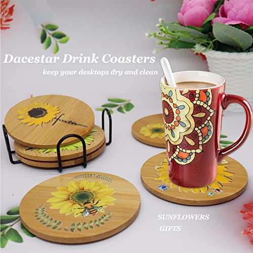 Beautiful 3D Sunflower Coasters Set of 6 with Holder, Bamboo Wooden Sunflower Drinks Vintage Coaster for Table, Housewarming Wedding Birthday Mom Women Sunflower Kitchen Decor Gifts Idea