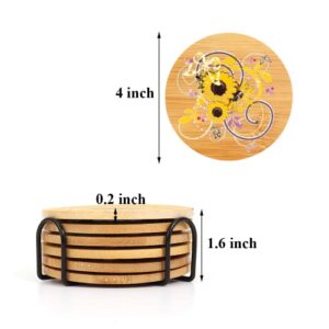 Beautiful 3D Sunflower Coasters Set of 6 with Holder, Bamboo Wooden Sunflower Drinks Vintage Coaster for Table, Housewarming Wedding Birthday Mom Women Sunflower Kitchen Decor Gifts Idea