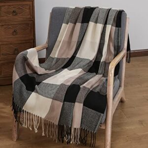 Buffalo Plaid Throw Blanket for Couch - Farmhouse Check Style - Soft Cozy Lightweight with Tassels for Bed Sofa Living Room Home Office Outdoor - 50 x 60 Inches - Black/Brown