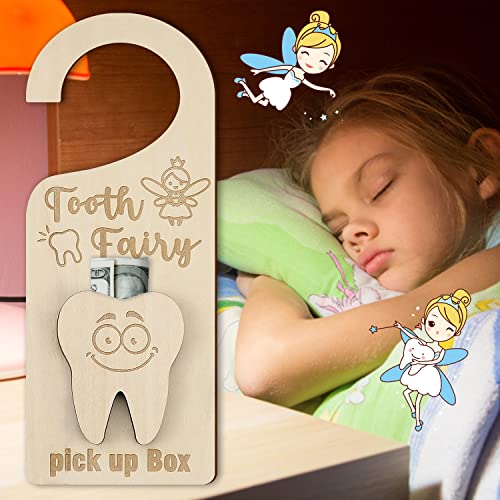 Tooth Fairy Door Hanger with Money Holder Tooth Fairy Pick up Box Encourage Gift for Kids Room Decor (Tooth)