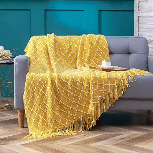 QUILTINA Boho Knitted Throw Blanket for Couch, 700GSM Soft Bed Throw with Tassel for All Seasons, Lightweight Spring/Summer Blanket, Suitable for Decoration and Outdoor Use (54"x67" Yellow)