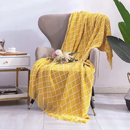 QUILTINA Boho Knitted Throw Blanket for Couch, 700GSM Soft Bed Throw with Tassel for All Seasons, Lightweight Spring/Summer Blanket, Suitable for Decoration and Outdoor Use (54"x67" Yellow)