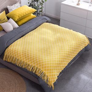 QUILTINA Boho Knitted Throw Blanket for Couch, 700GSM Soft Bed Throw with Tassel for All Seasons, Lightweight Spring/Summer Blanket, Suitable for Decoration and Outdoor Use (54"x67" Yellow)